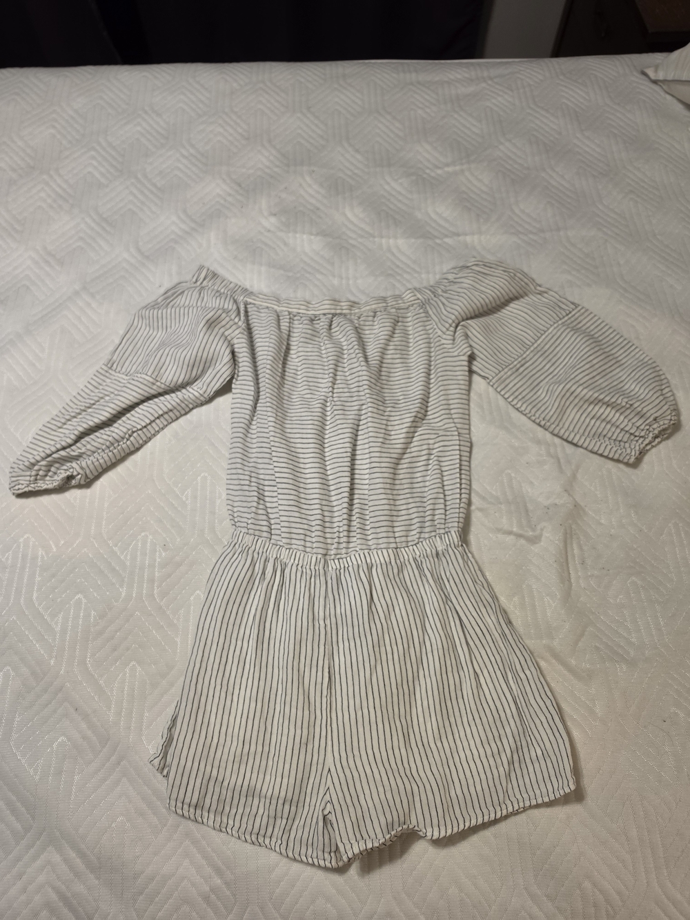 Off-Shoulder Stripe Romper - White with Black Stripes
